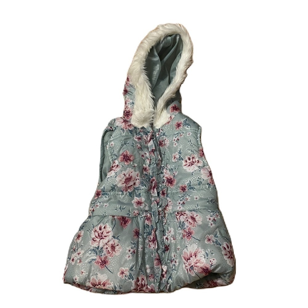 Little Lass Puffer Vest Hooded 4T Blue Floral Fur Lined Kids Girls Pink Ruffle